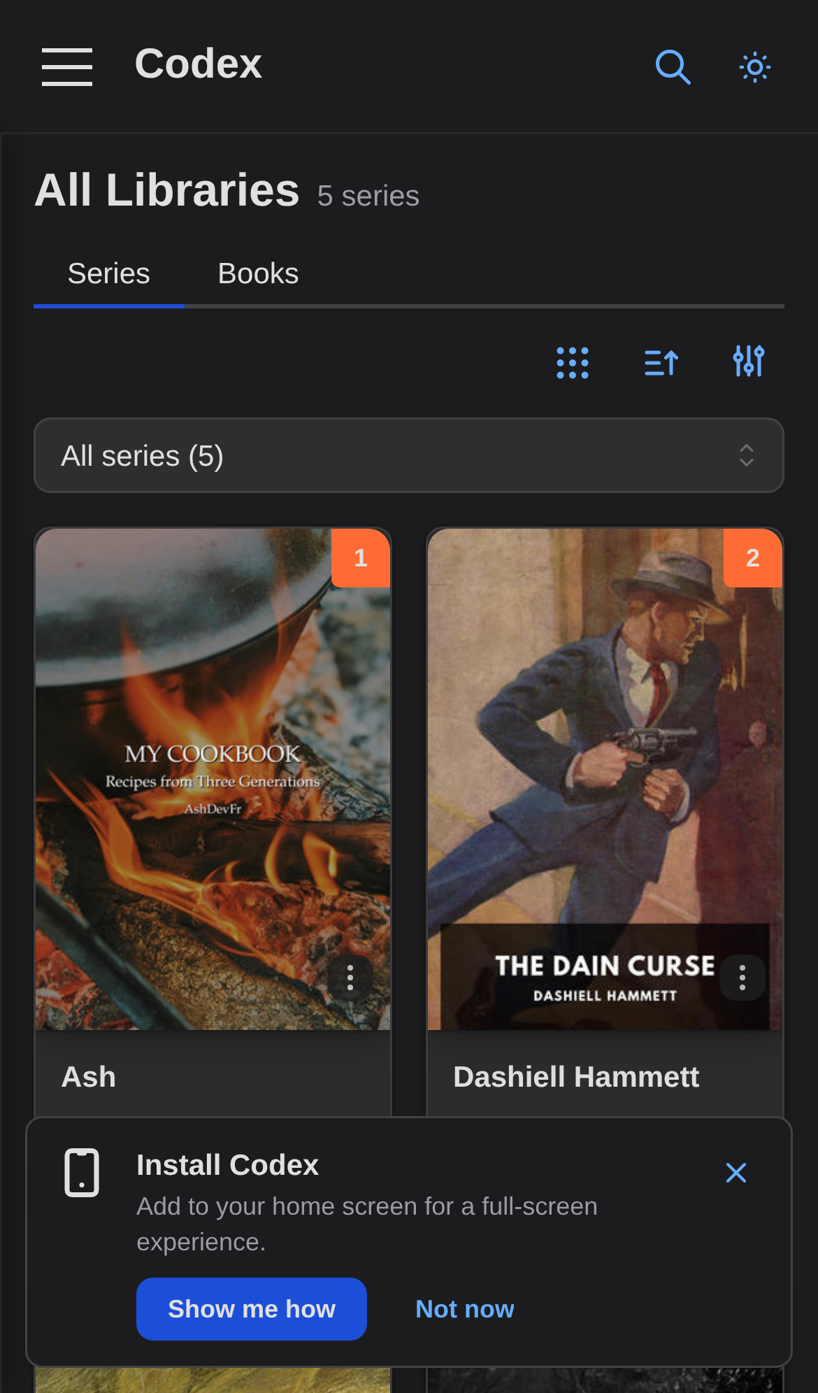 Series list on mobile with the Install Codex prompt